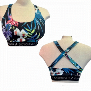 DOYOUEVEN black multicoloured floral tropical crisscross back sports bra Sz L